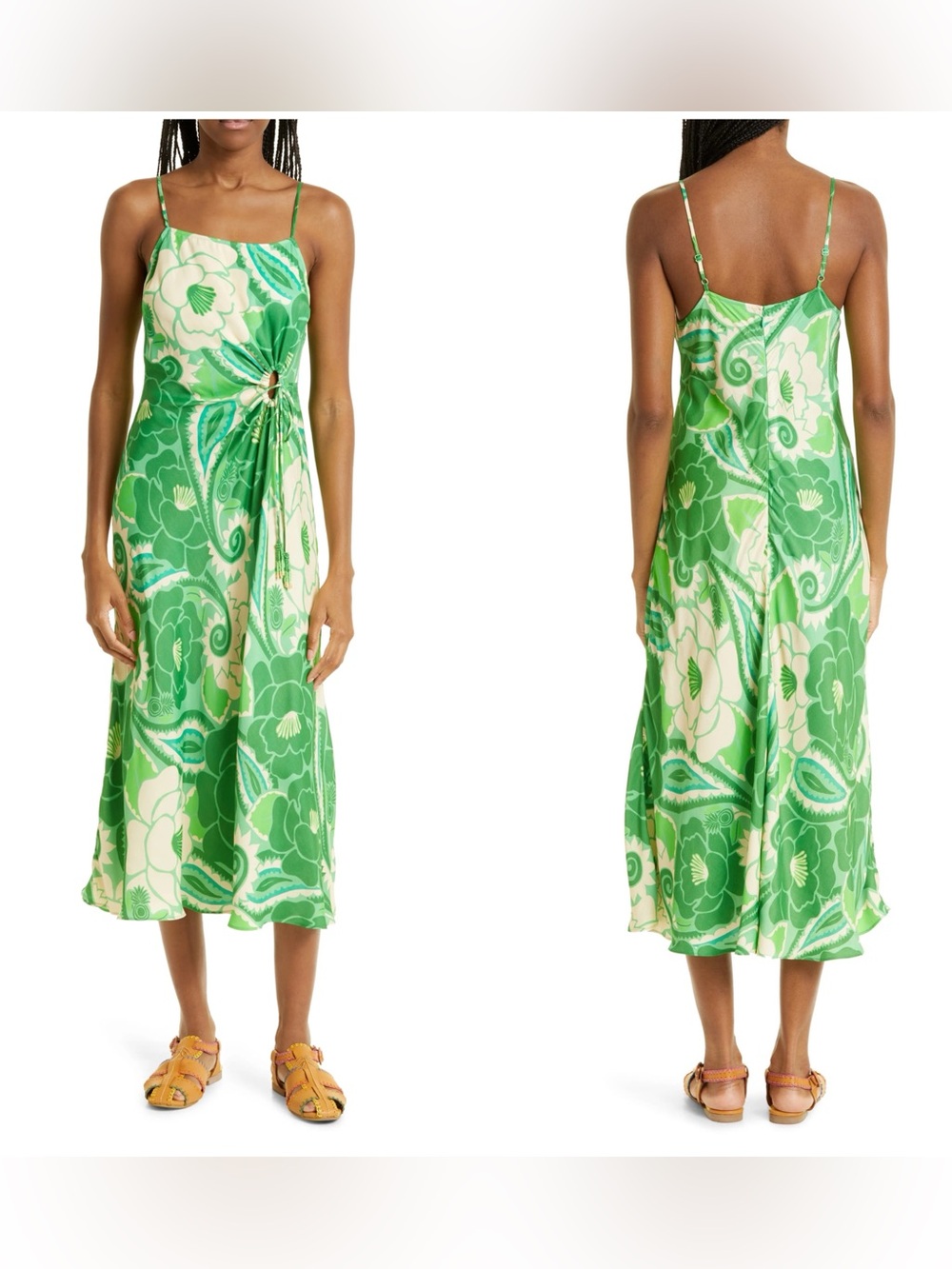 Farm Rio Tropical Groved Cinched Tie Midi Dress Green Floral Women Size XS